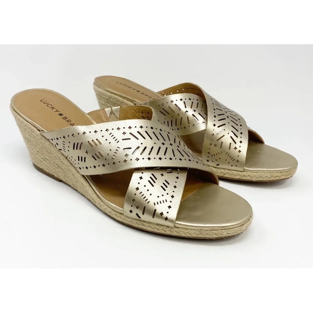 Lucky Brand KEELA Women’s Gold Leather Espadrille Wedge Sandals - Size 12M Boho
